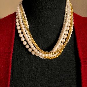 N139 Multistrand white and gold faux pearl necklace can be worn as torsade